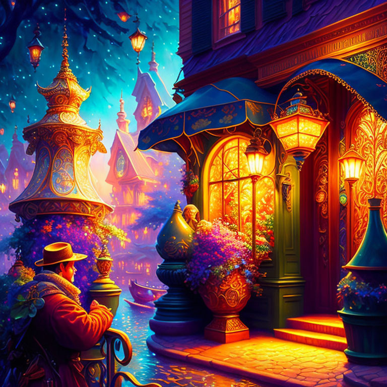 Enchanting evening scene with person in hat by lantern-lit house entrance