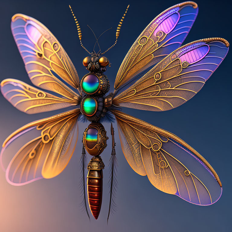 Detailed Illustration of a Colorful Mechanical Insect with Intricate Wings