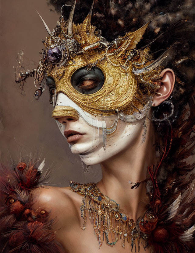 Intricate gold masquerade mask with jewels, textures, and feathered accessory on neutral background