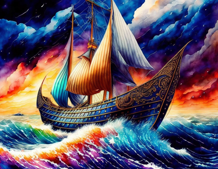 Colorful painting of sailing ship in turbulent ocean with surreal sky