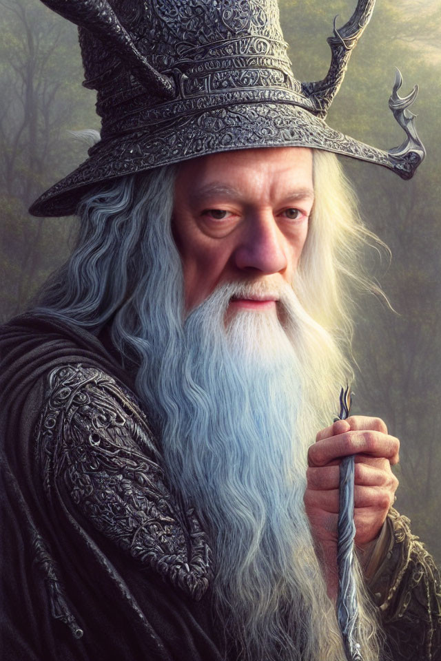 Elderly wizard with long white beard in ornate attire, holding staff in misty forest.