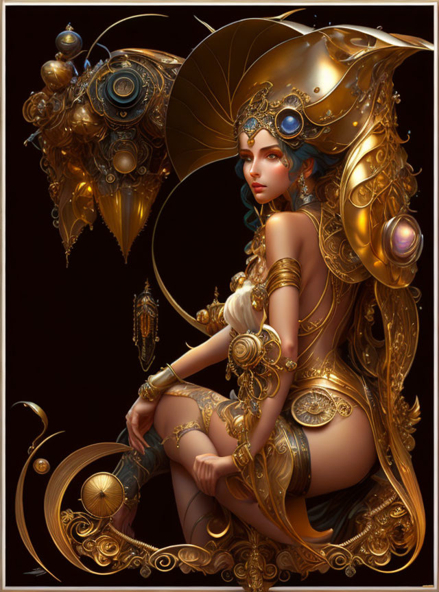 Fantastical female figure in gold armor and headdress on dark background