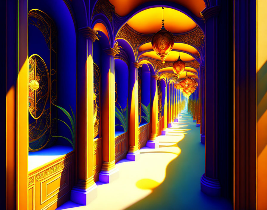 Vibrant corridor with blue walls and golden arches creating mystical ambiance