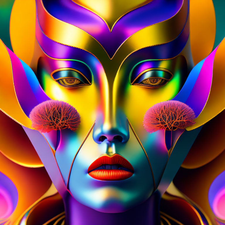 Colorful Stylized Face Art with Metallic, Floral Elements