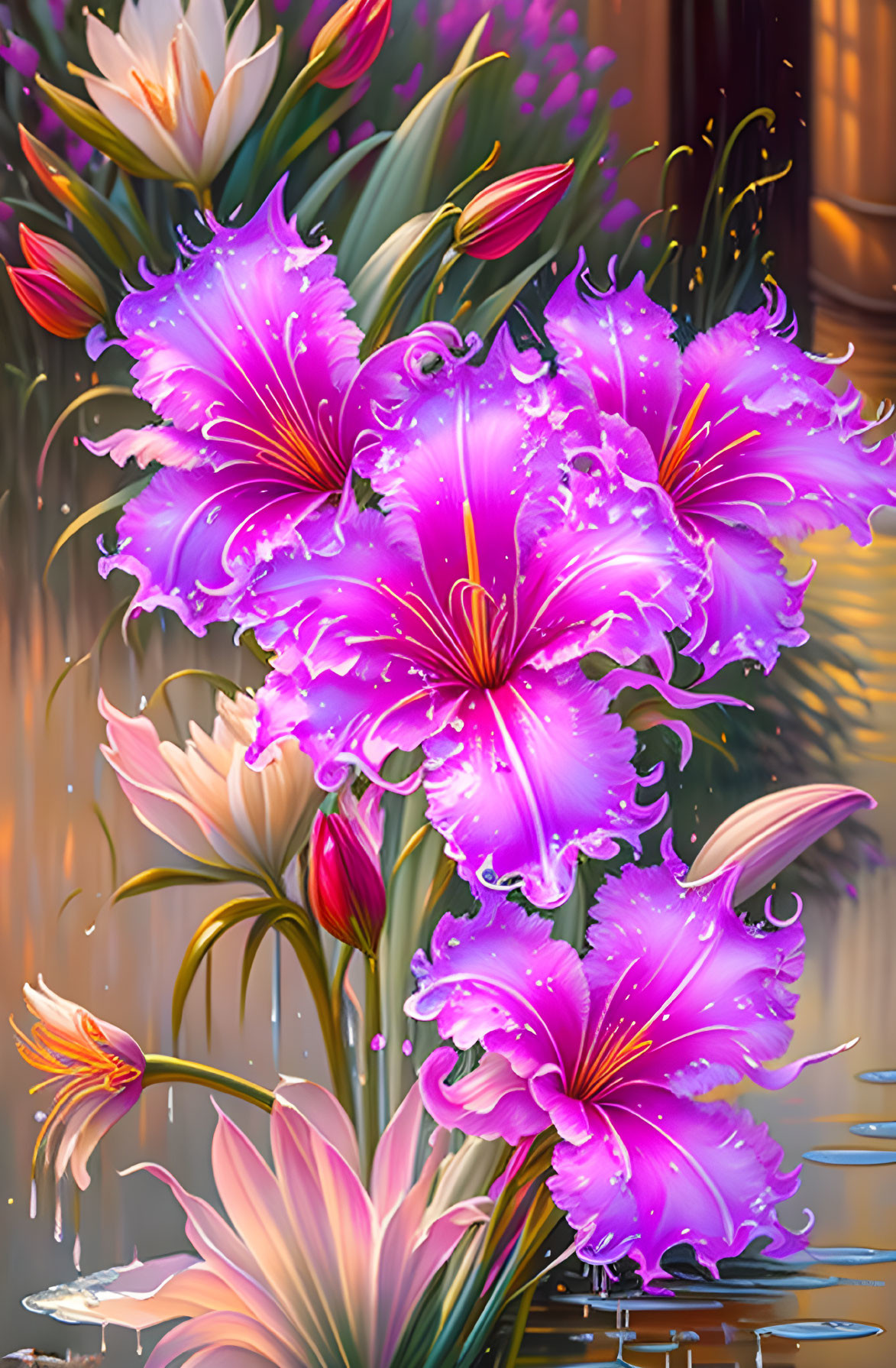 Vibrant Purple and Pink Lilies with Water Droplets on Petals