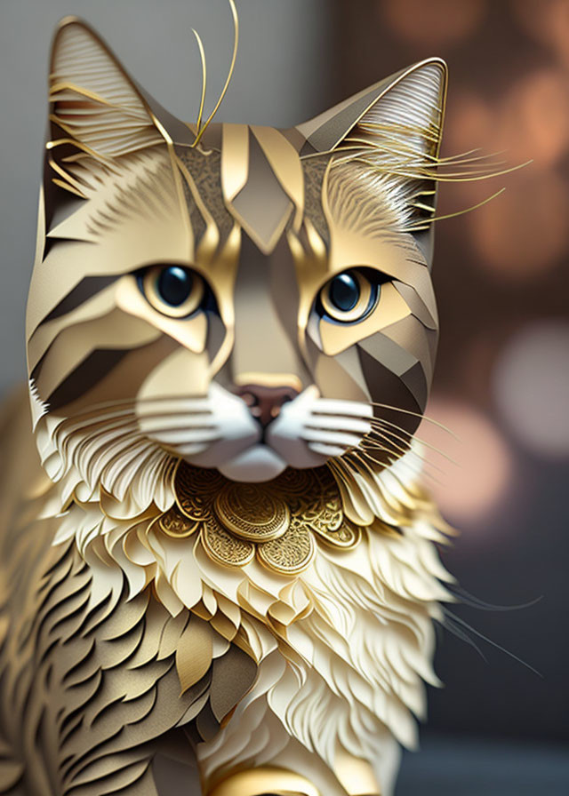 Golden geometric cat with intricate patterns and blue eyes