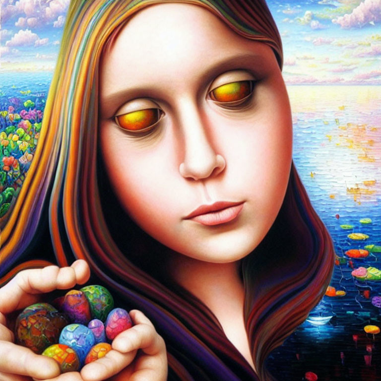 Surreal painting of woman with multi-colored hair and golden eyes