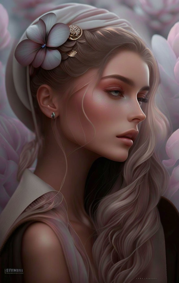 Digital portrait of a woman with long wavy hair and flower, soft pink tones, ethereal vibe