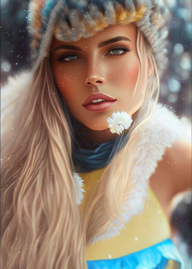 Digital illustration: Woman with blue eyes, blond hair, warm hat, scarf, holding white flower,