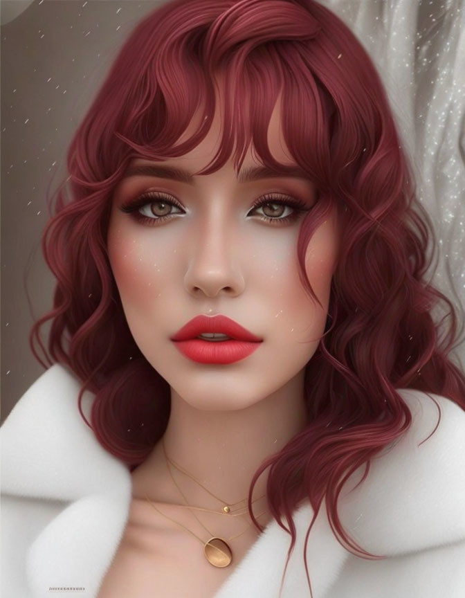 Red-haired woman in white coat with dreamy look in digital art