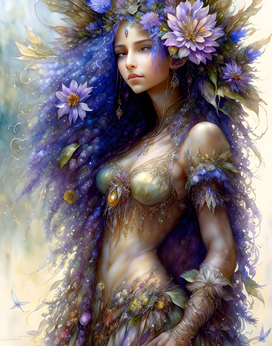 Fantasy Artwork: Woman with Violet Flowers and Golden Ornaments