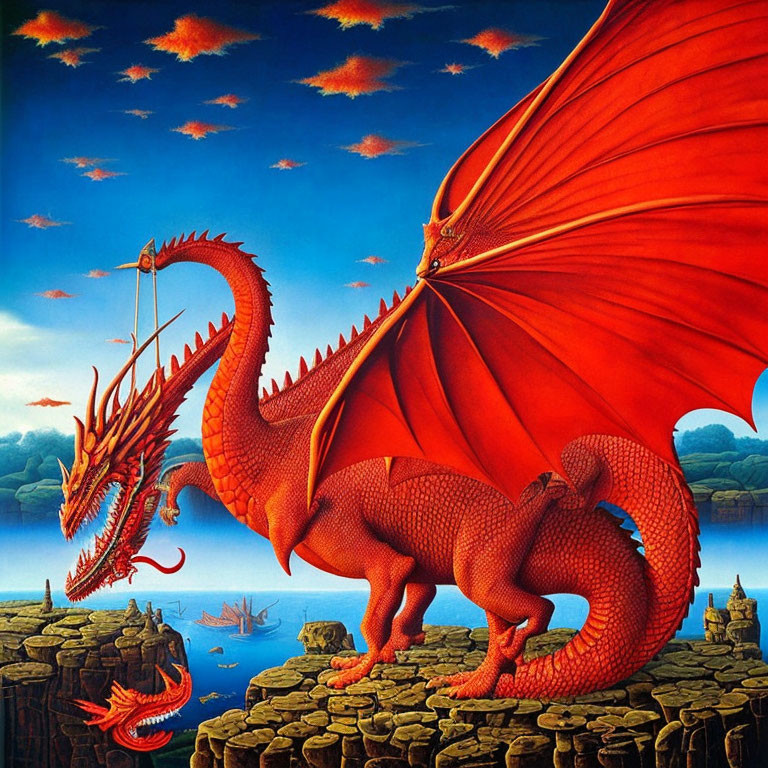 Detailed red dragon illustration on rocky terrain by lake