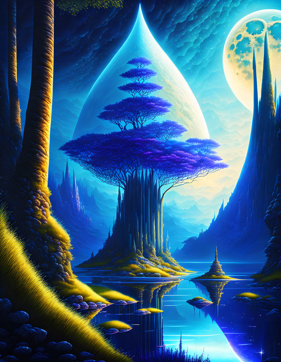 Fantasy landscape with teardrop mountain, purple trees, moon, water reflections, and blue glow