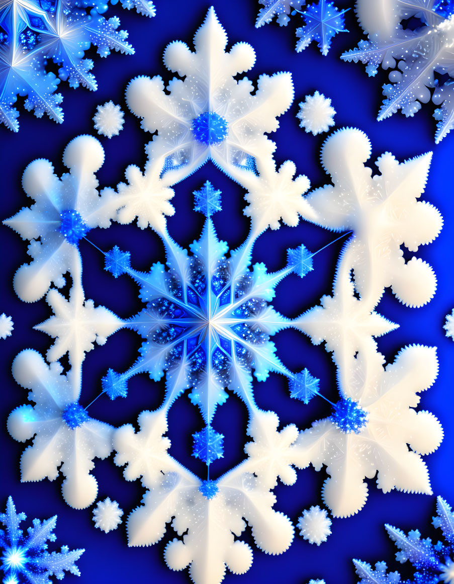 Intricate blue and white snowflakes on deep blue background