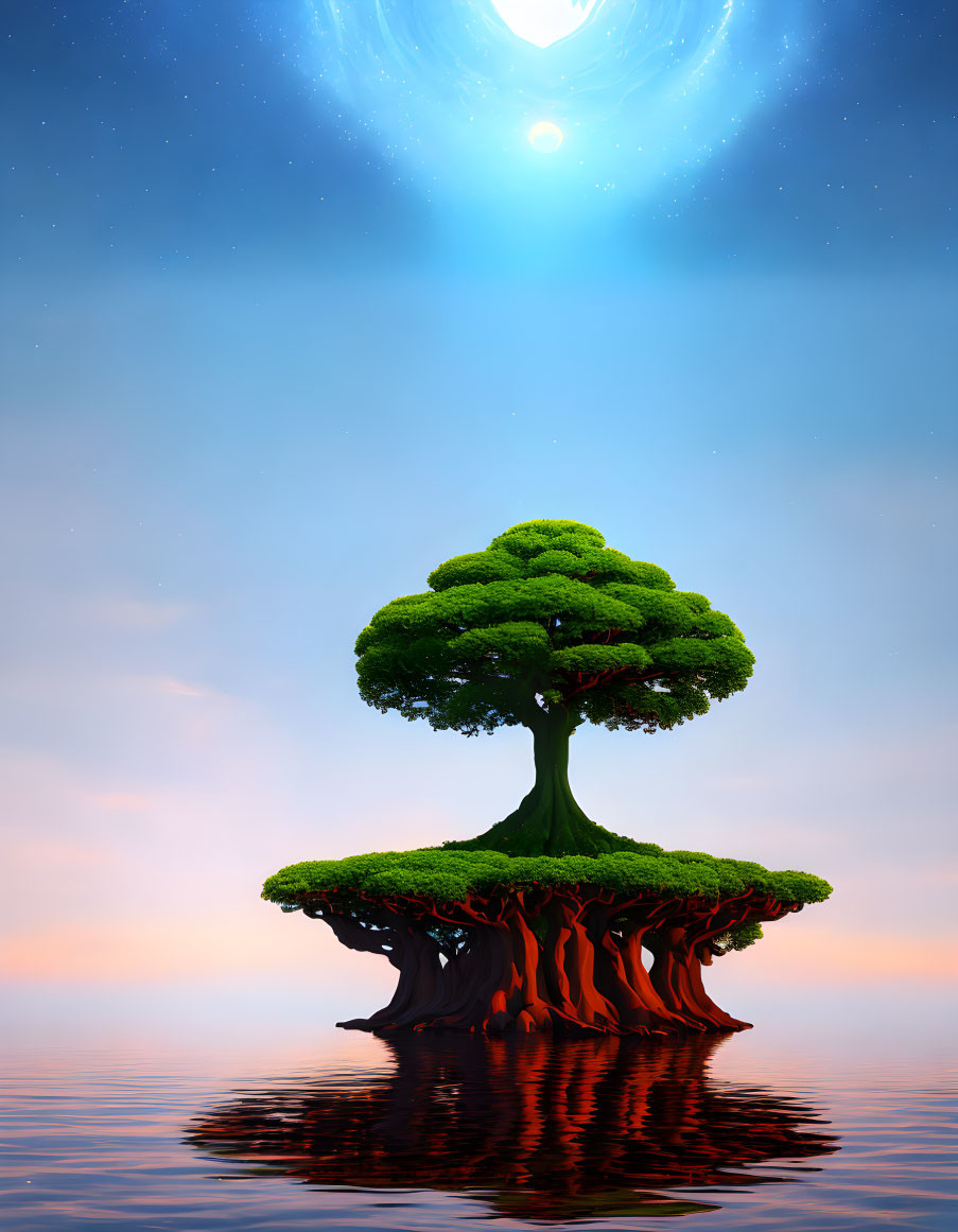 Vibrant green tree on floating island under starry sky