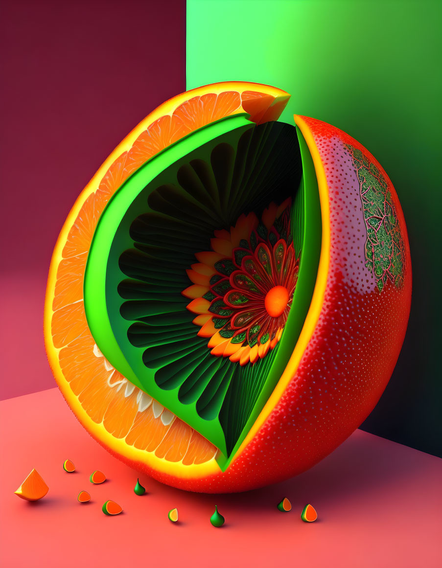 Digitally altered image: Orange cut in half with kaleidoscopic interior on dual-toned background