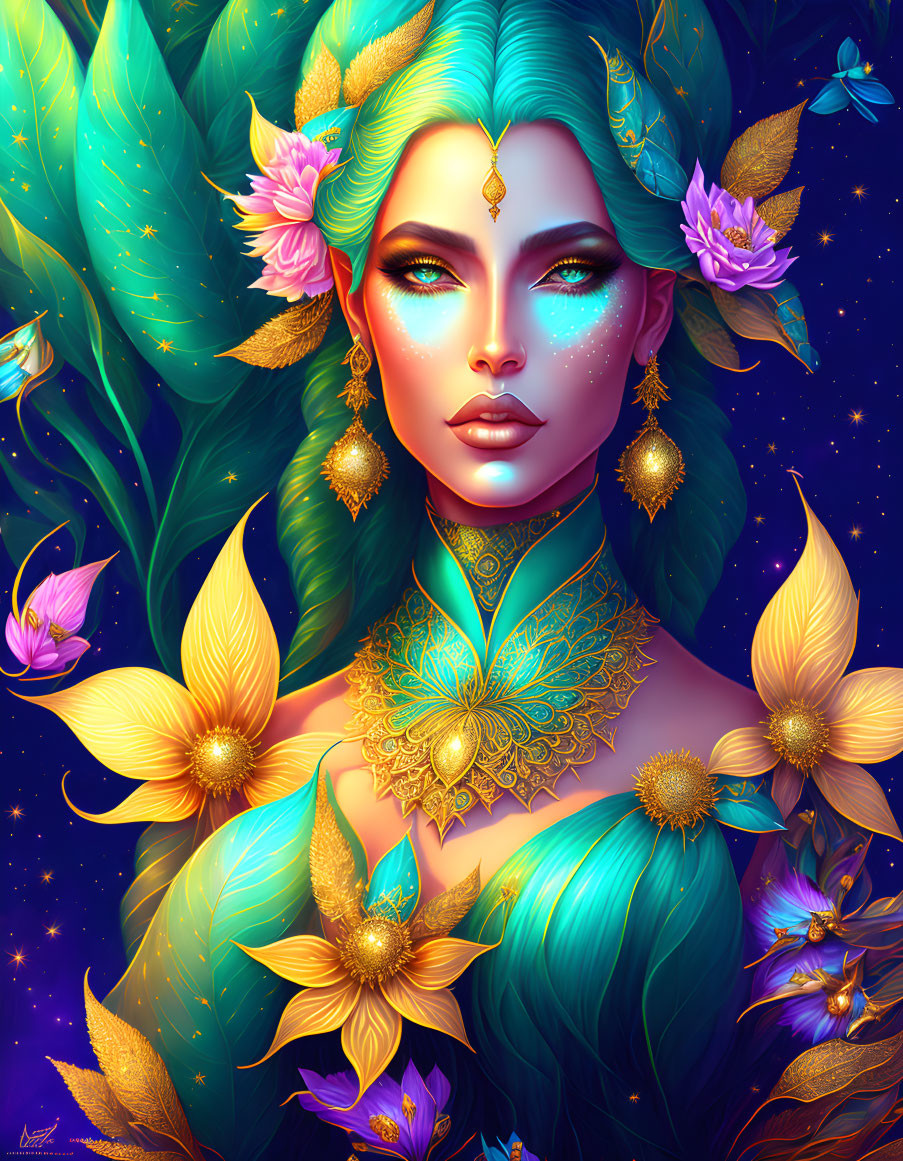 Colorful Woman Portrait with Blue Hair and Gold Jewelry in Floral Setting