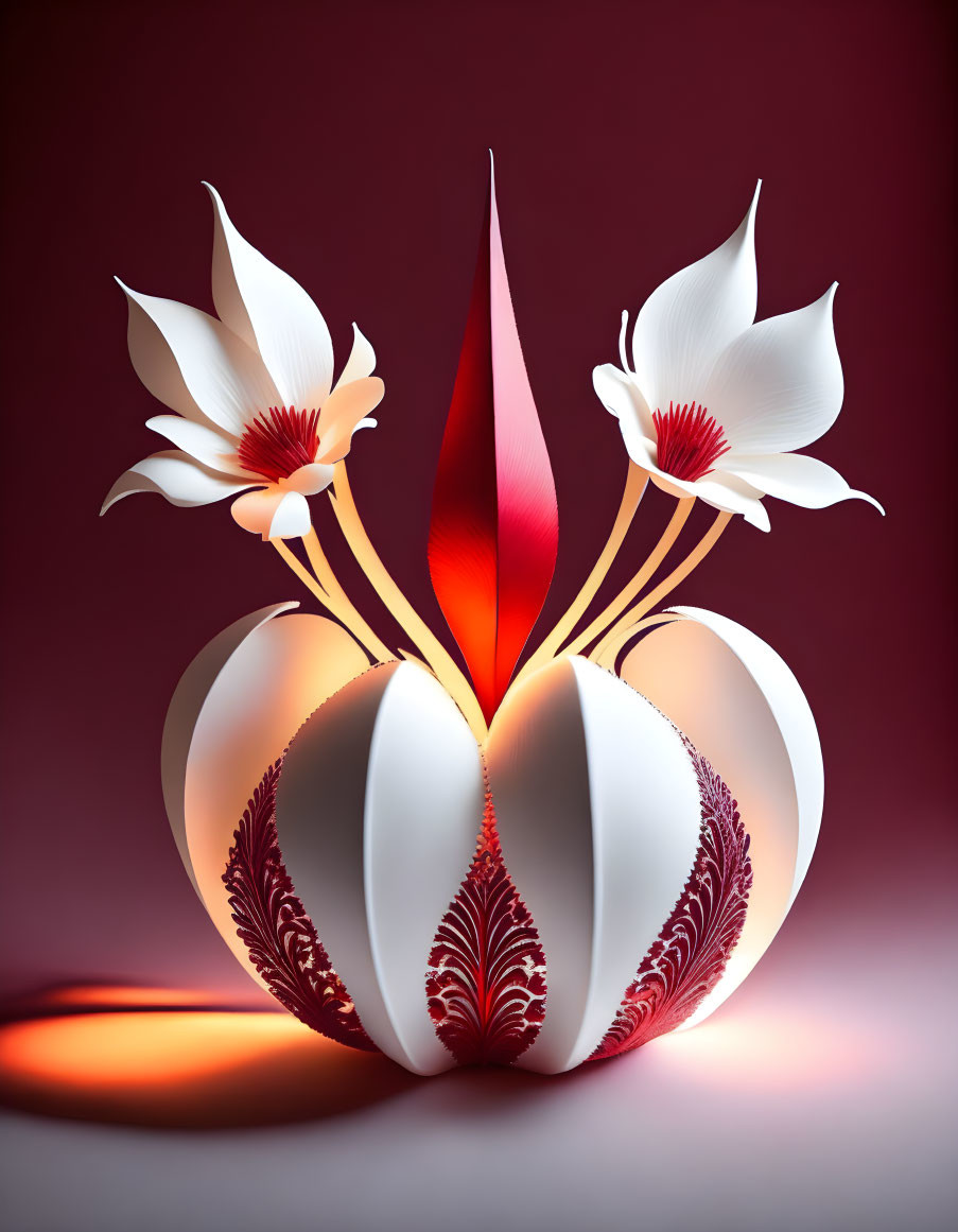 White cactus sculpture with red and white flowers on purple background