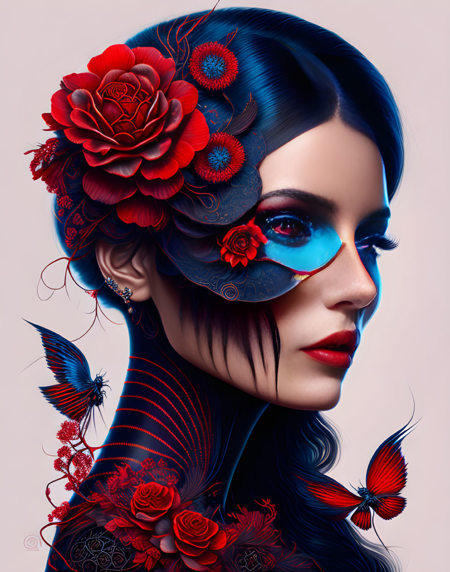 Woman with Dark Hair, Red Floral Patterns, Blue Eye Patch, and Butterflies