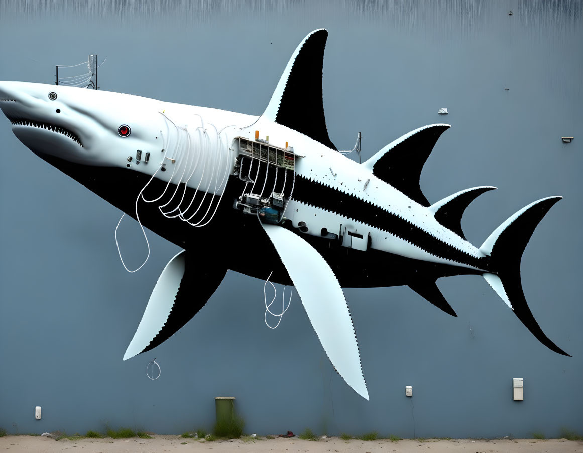 Shark mural with mechanical and 3D elements on blue wall