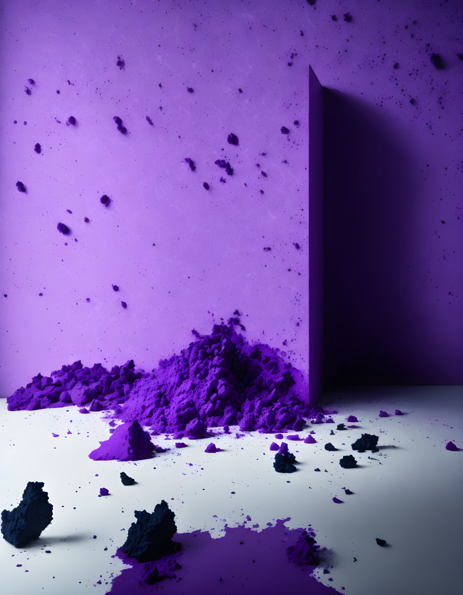 Vibrant purple powder explosion with dark fragment on purple background