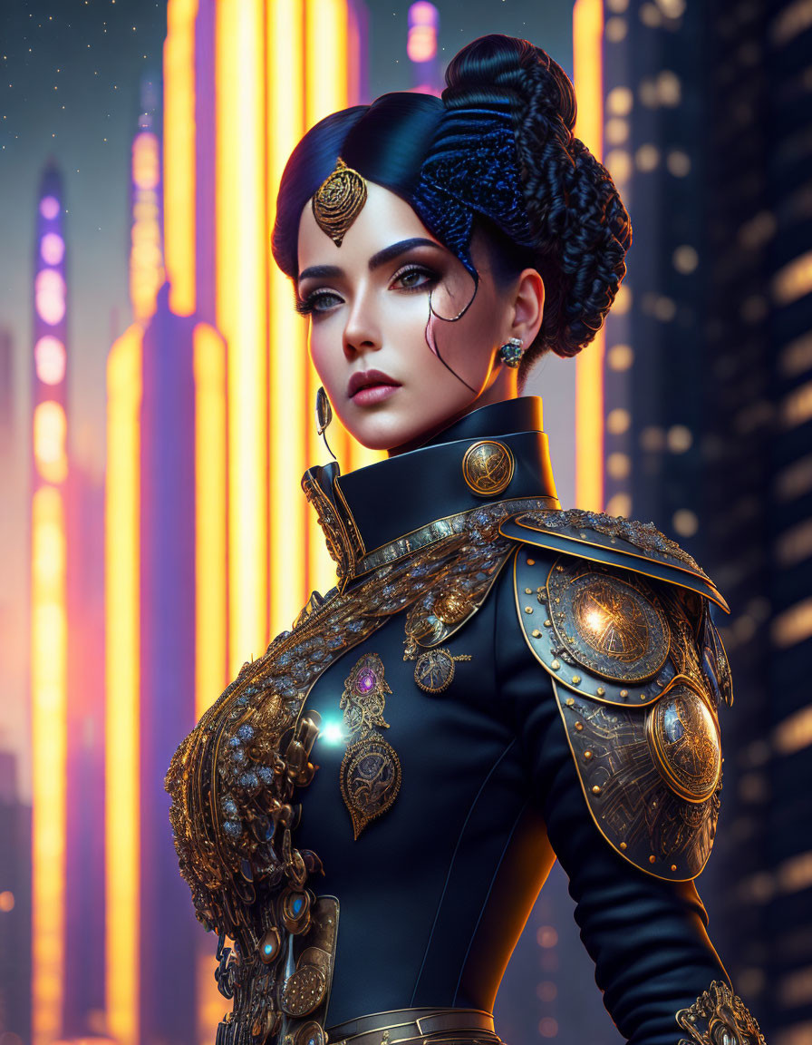 Fantasy armor woman portrait against neon cityscape.