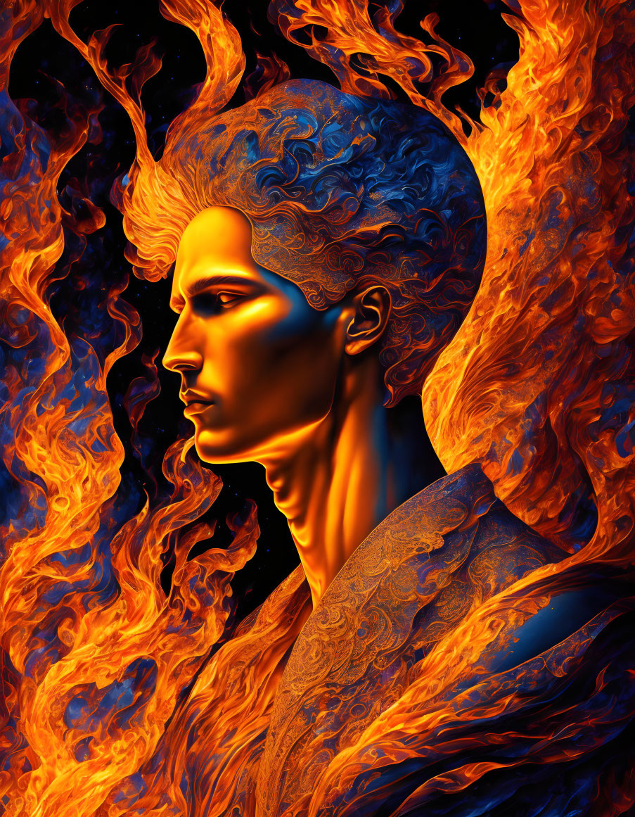 Digital artwork: Intricate skin patterns surrounded by fiery flames