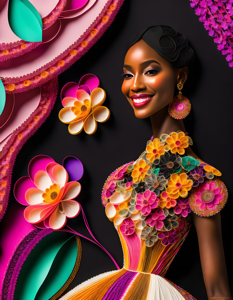 Colorful illustration: Smiling woman in floral dress and accessories on decorative background