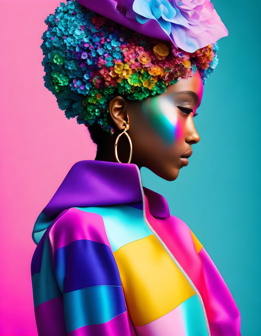 Colorful Woman in Floral Headdress and Jacket on Dual-tone Background