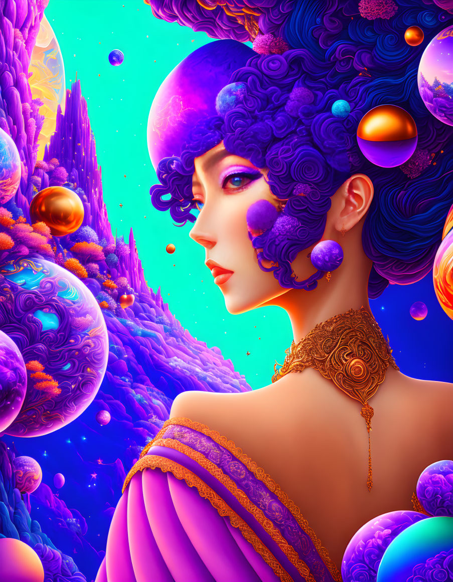 Colorful illustration of woman with blue galaxy hair in cosmic setting