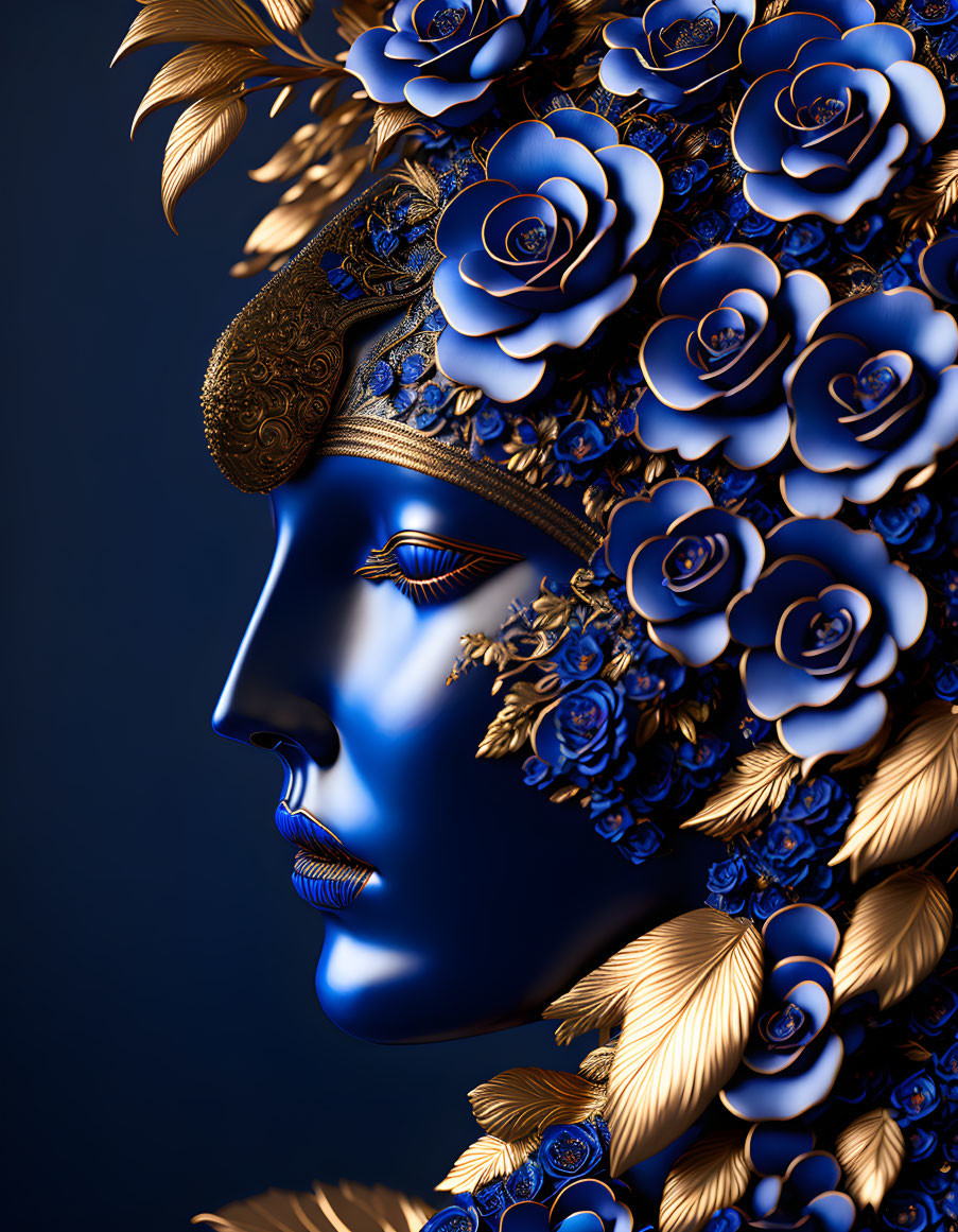 Blue Face Sculpture with Golden Leaves Headpiece and Blue Roses on Dark Background