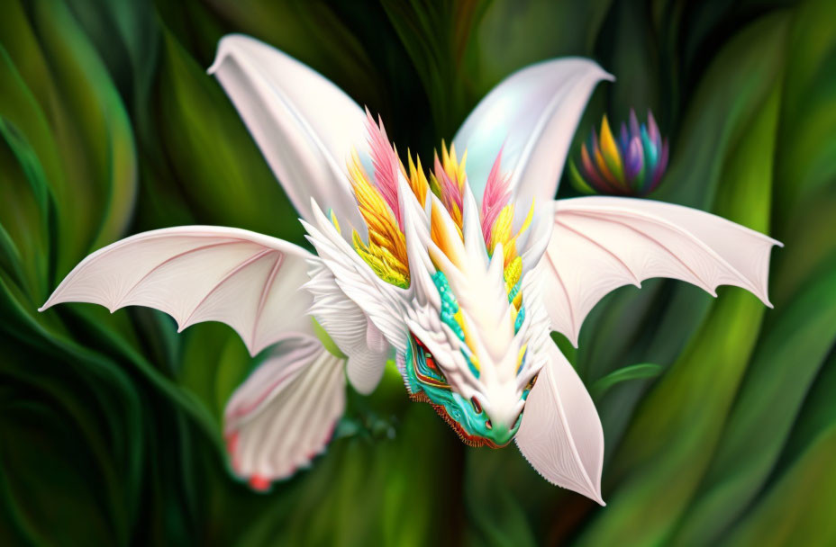 Colorful White Dragon Artwork with Large Wings and Serene Expression