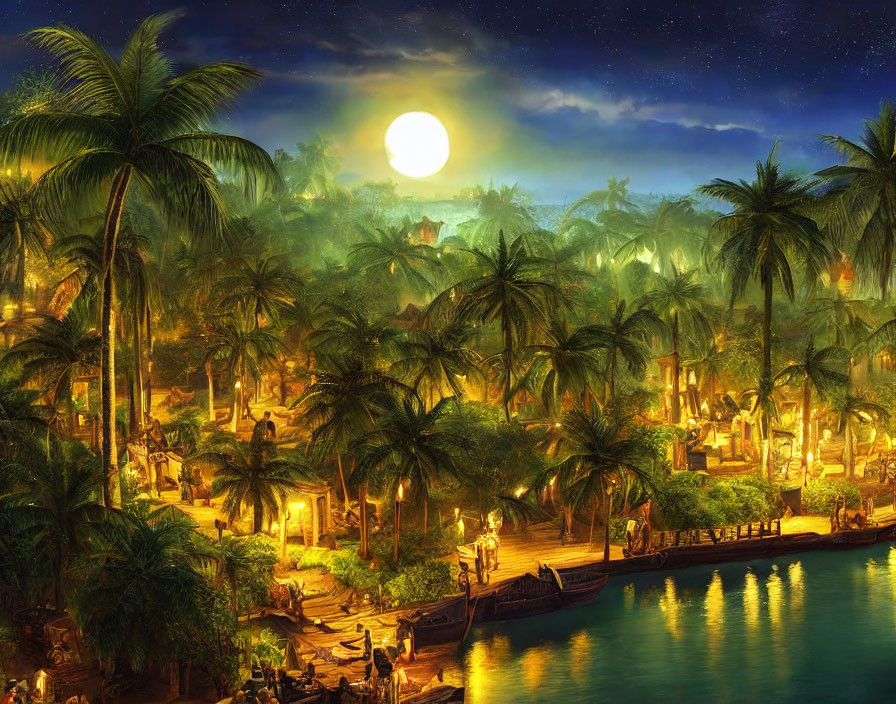 Tropical Village Night Scene with Full Moon, Illuminated Huts, River, and Boat