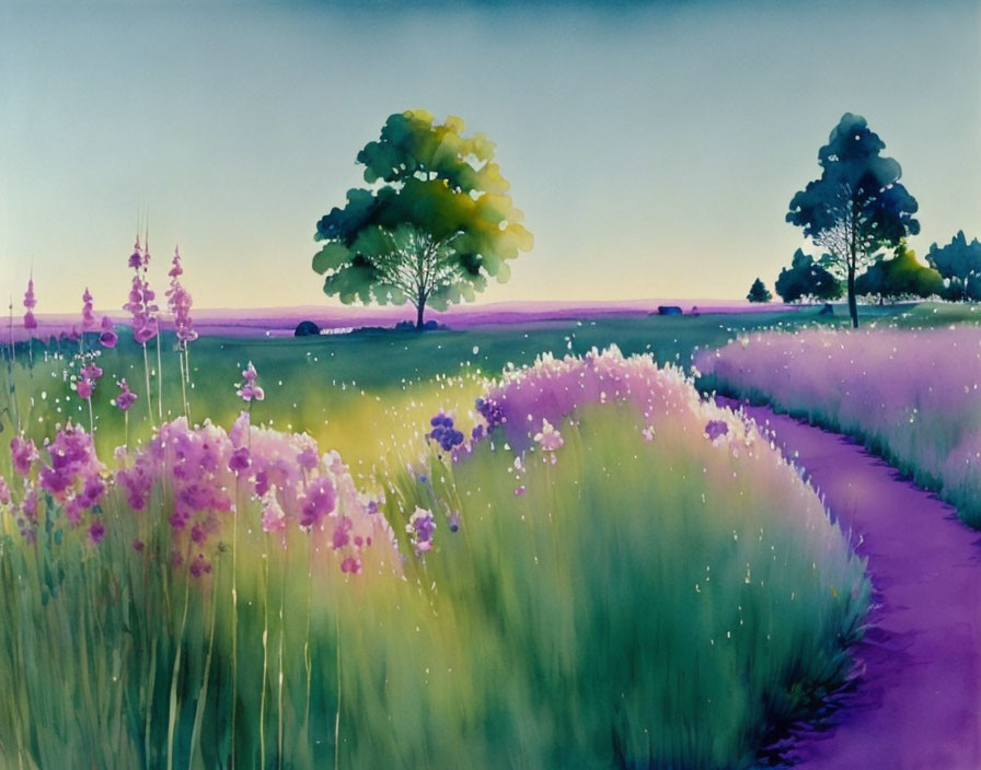 Tranquil watercolor painting of lush meadow with purple flowers and trees under dusky sky