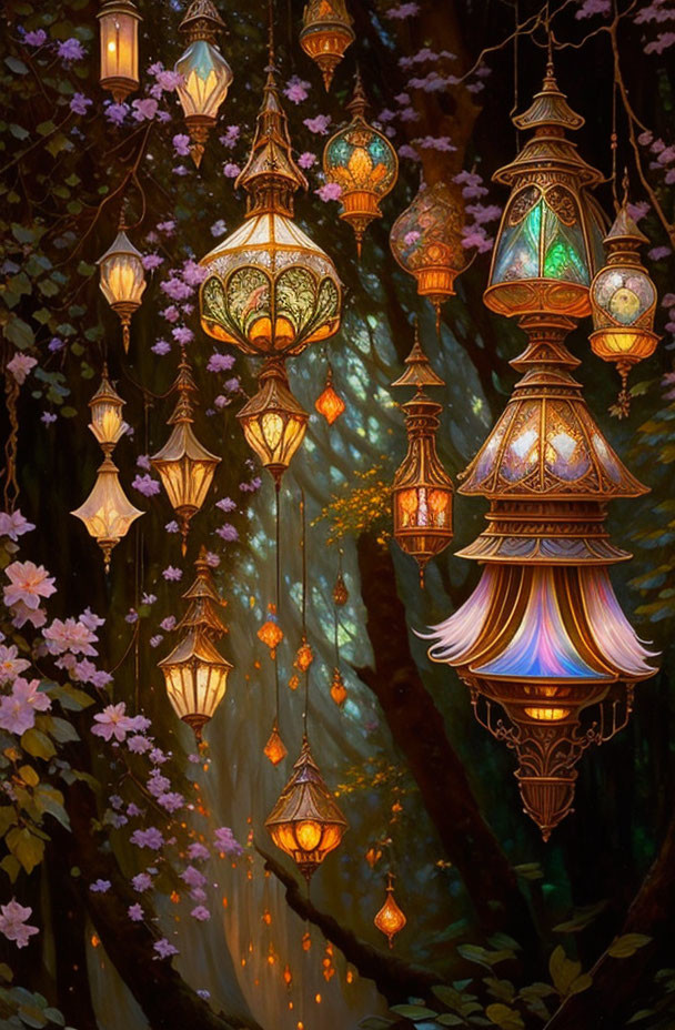 Vibrant hanging lanterns light up enchanted forest scene.