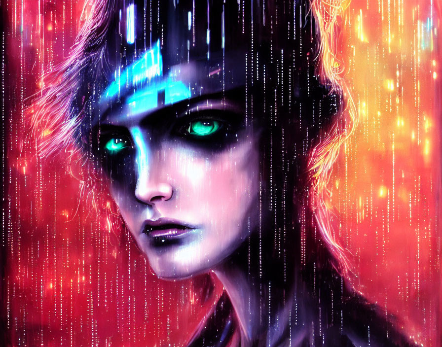 Person with Green Eyes and Futuristic Visor in Digital Code Cascade on Red and Blue Background