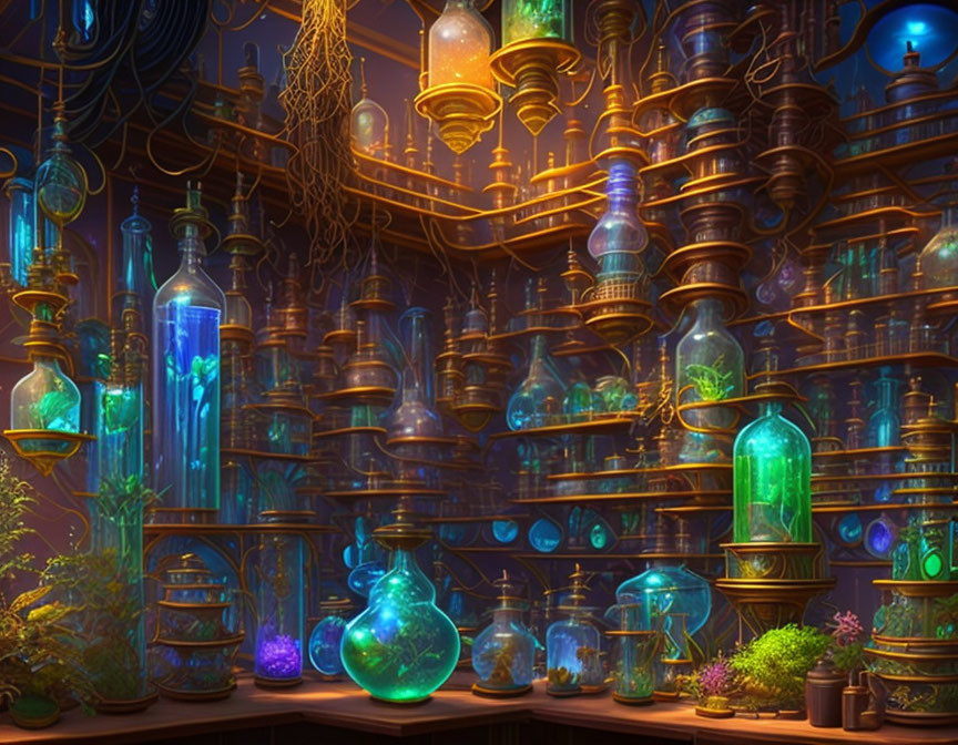 Colorful Glowing Potions, Pipes, and Plants in Enchanting Room