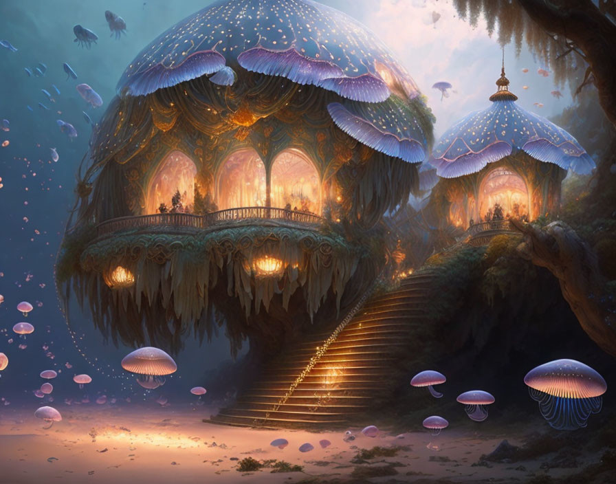 Bioluminescent jellyfish-like structures in enchanted forest.