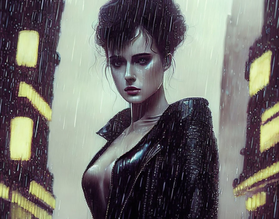 Digital artwork: Woman with dramatic makeup in rainy night scene