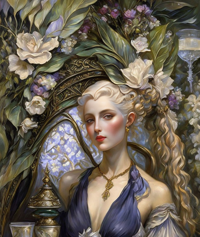 Portrait of Woman with Blond Hair and Floral Wreath in Lush Greenery