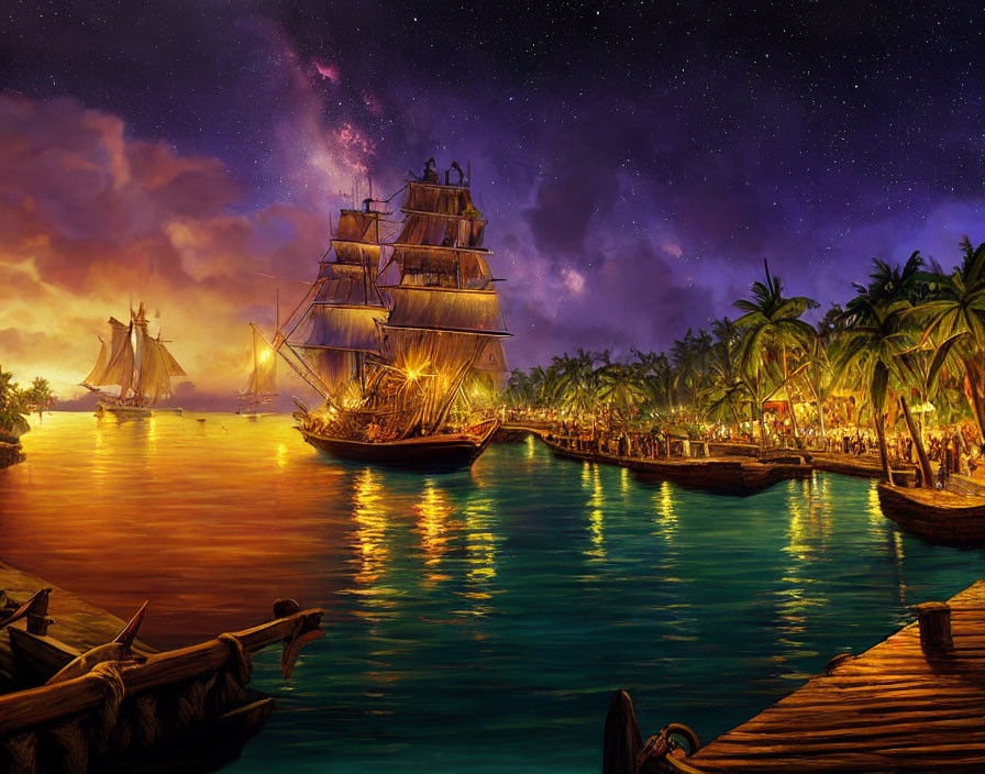 Vibrant tropical harbor night scene with illuminated galleon ship and sailboat under starry sky