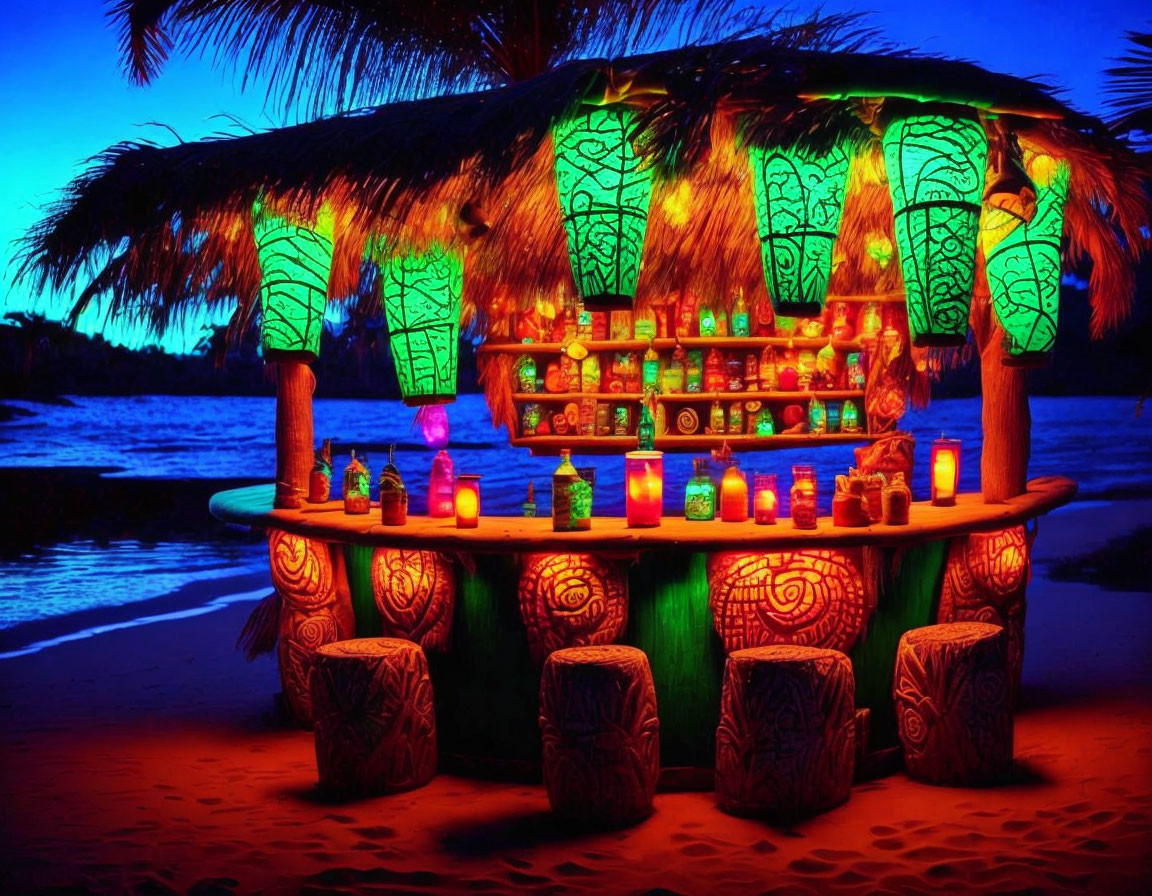 Tropical beach bar at dusk with neon green lighting, tiki decor, and palm trees