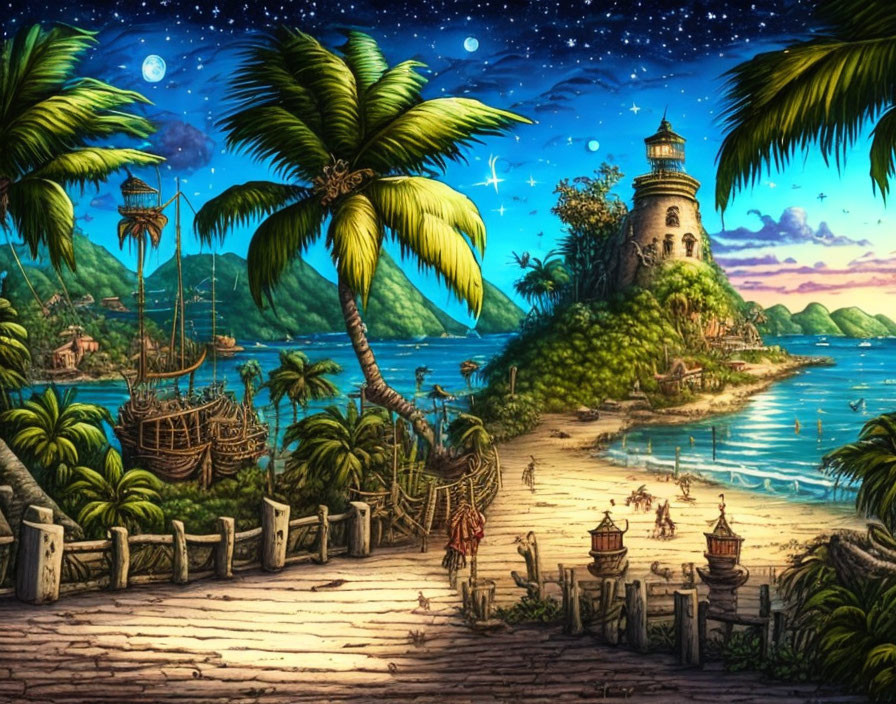 Twilight tropical beach with palm trees, lighthouse, shipwreck, moonlit ocean