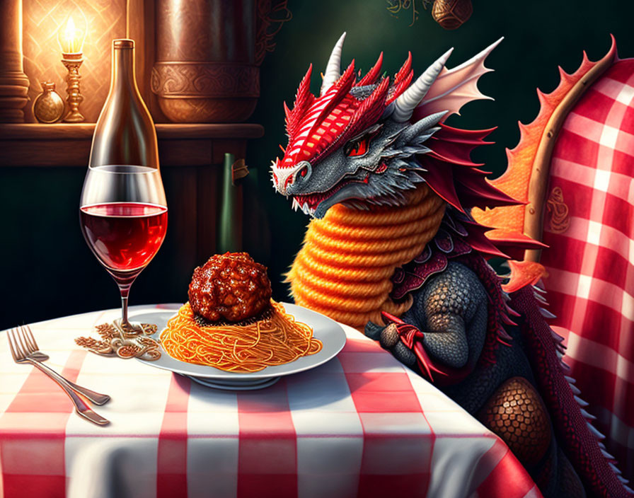 Red dragon enjoying spaghetti and meatballs dinner setting with candle and wine.