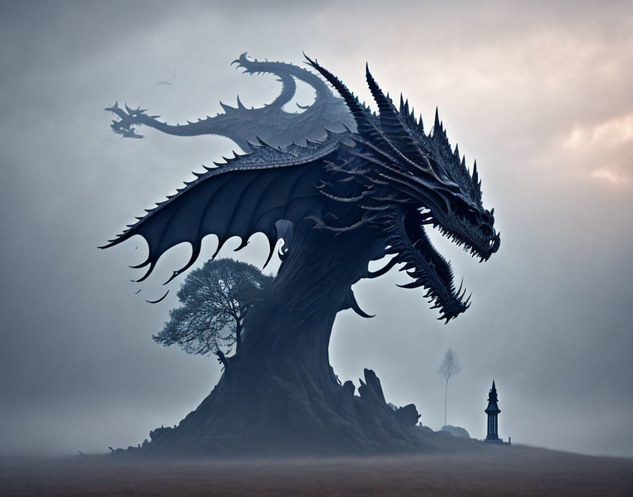 Majestic dragon on tree in misty landscape with figure by lantern