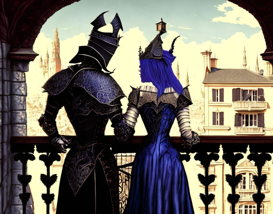 Medieval armor characters on balcony with gothic cityscape