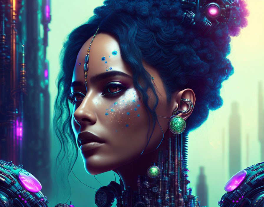 Futuristic portrait of woman with blue and violet hues and cybernetic enhancements