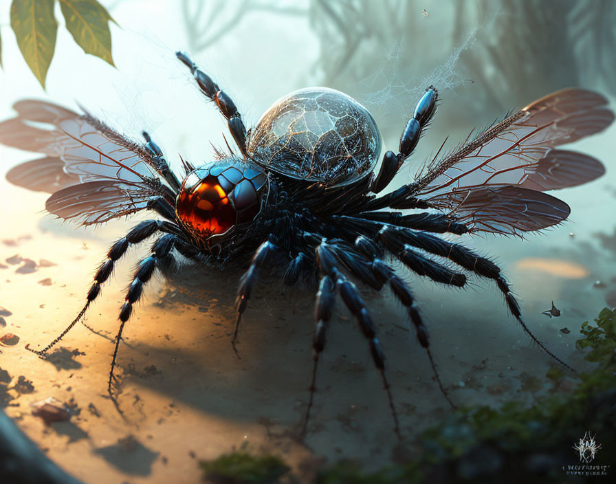 Detailed digital artwork of fantastical spider with intricate wings and glossy body beside water.