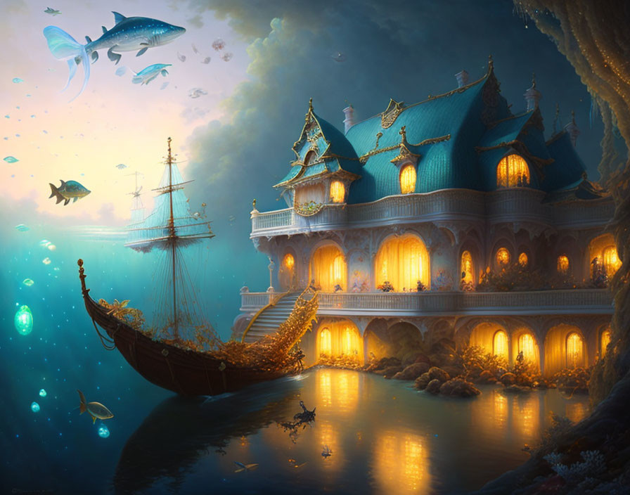 Ethereal underwater scene with glowing palace, vintage ship, marine life, vibrant illumination.