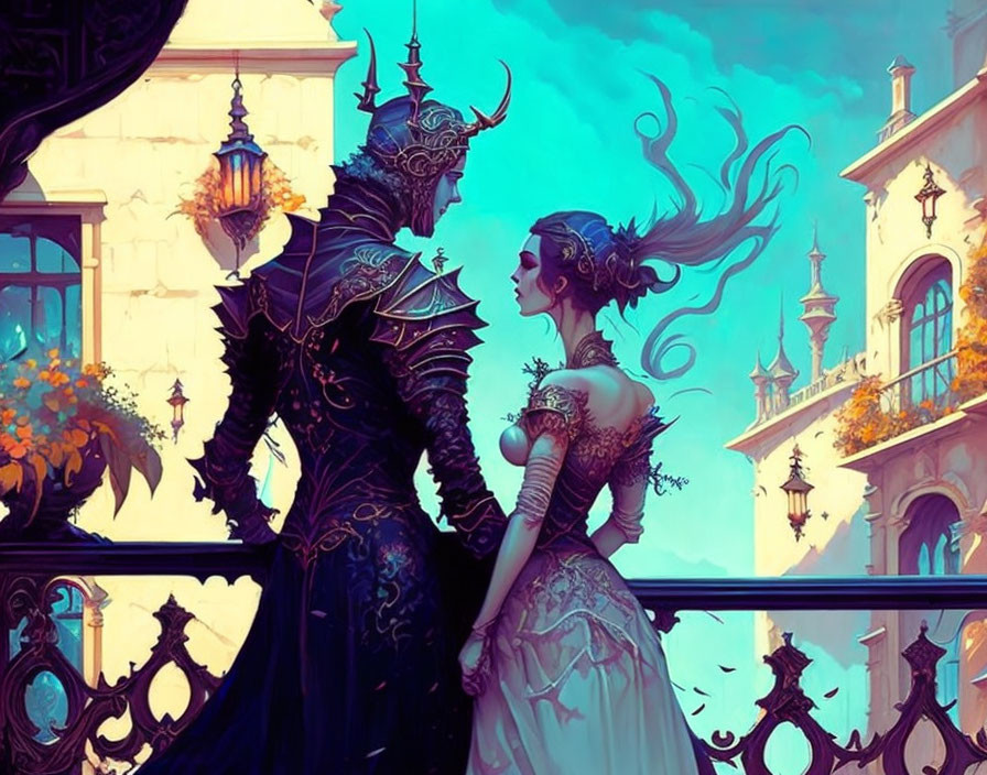 Fantasy-themed illustrated couple on ornate balcony in vibrant setting